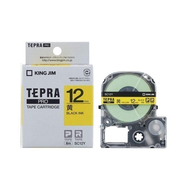 Nhan in TEPRA SC12Y 12mm x 8m Chu Den tren nen Vang 1
