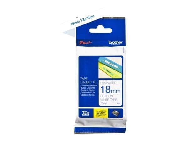 Nhãn in Brother TZe-243 | 18mm x 8m | Chữ Xanh trên nền Trắng