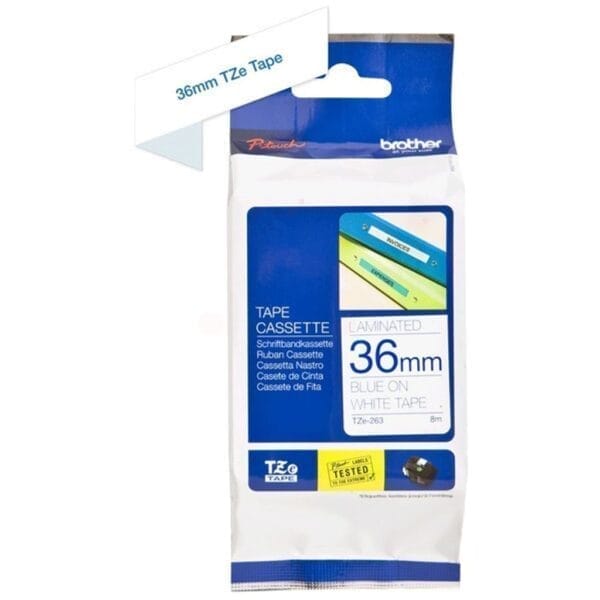 Nhãn in Brother TZe-263 | 36mm x 8m | Chữ Xanh trên nền Trắng 1