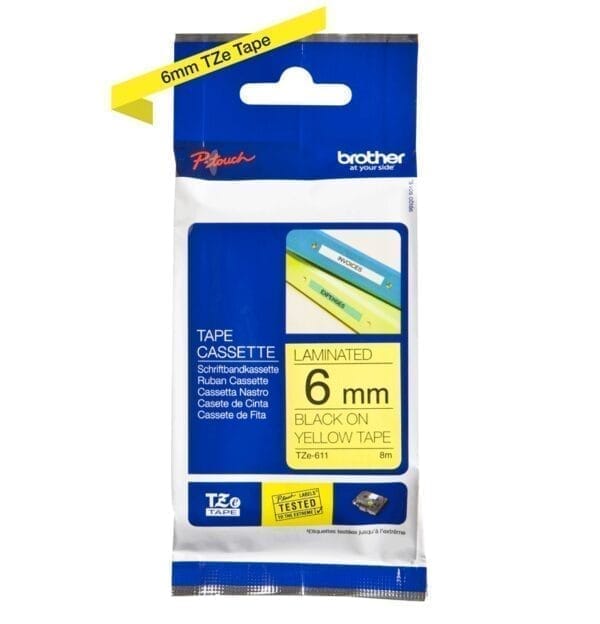 Nhãn in Brother TZe-611 | 6mm x 8m | Chữ Đen trên nền Vàng