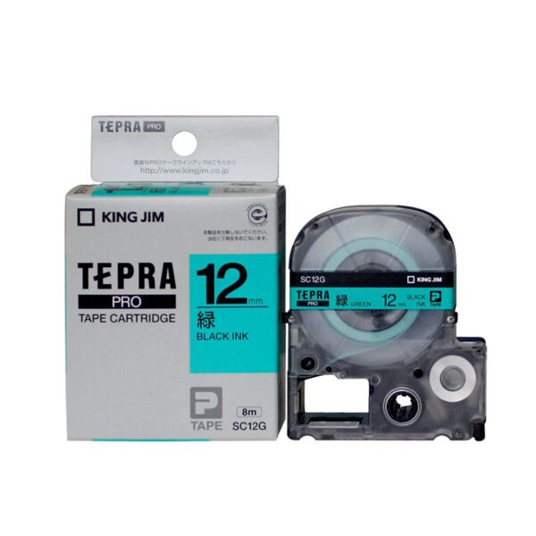 nhan in tepra sc12g 12mm x 8m chu den tren nen xanh la