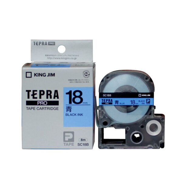 nhan in tepra sc18b 18mm x 8m chu den tren nen xanh duong