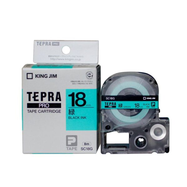 nhan in tepra sc18g 18mm x 8m chu den tren nen xanh la