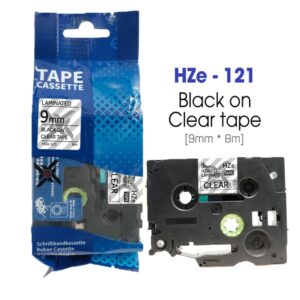 Nhãn in HZe-121 | 9mm x 8m | Chữ Đen trên nền Trong