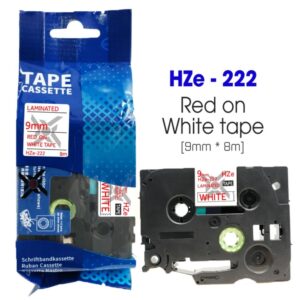 Nhãn in HZe-222 | 9mm x 8m | Chữ Đỏ trên nền Trắng