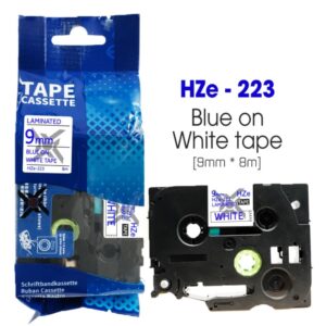Nhãn in HZe-213 | 6mm x 8m | Chữ Xanh trên nền Trắng