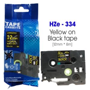 Nhãn in HZe-334 | 12mm x 8m | Chữ Vàng trên nền Đen