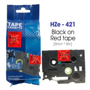 Nhãn in HZe-421 | 9mm x 8m | Chữ Đen trên nền Đỏ