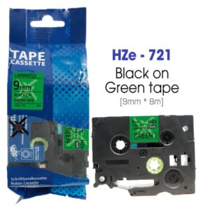 Nhãn in HZe-721 | 9mm x 8m | Chữ Đen trên nền Xanh lá