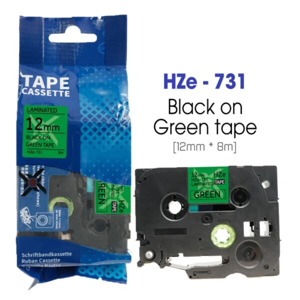 nhan in hze 731 12mm x 8m chu den tren nen xanh la 1