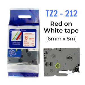 Nhãn in TZ2-212 | 6mm x 8m | Chữ Đỏ trên nền Trắng
