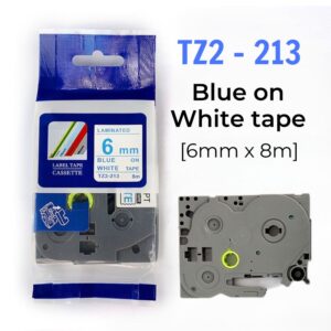 Nhãn in TZ2-213 | 6mm x 8m | Chữ Xanh trên nền Trắng