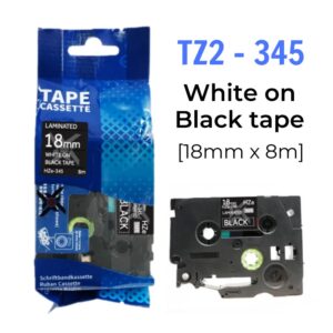 Nhãn in TZ2-345 | 18mm x 8m | Chữ Trắng trên nền Đen