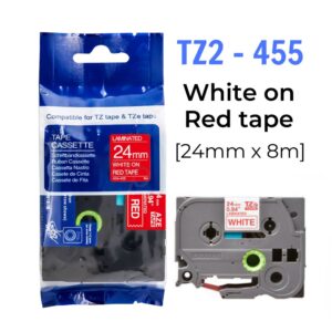 Nhãn in TZ2-455 | 24mm x 8m | Chữ Trắng trên nền Đỏ