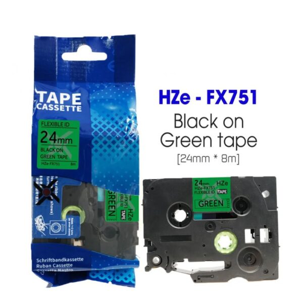 Nhan in Sieu Deo HZe FX751 24mm x 8m Chu Den tren nen Xanh la