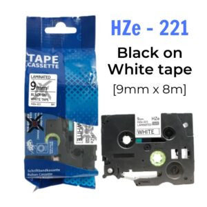 Nhãn in HZe-221 | 9mm x 8m | Chữ Đen trên nền Trắng