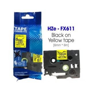 Nhãn in Siêu Dẻo HZe-FX611 | 6mm x 8m | Chữ Đen trên nền Vàng