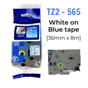 Nhãn in TZ2-565 | 36mm x 8m | Chữ Trắng trên nền Xanh dương