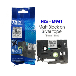 Nhãn in HZe-M941 | 18mm x 8m | Chữ Đen trên nền Bạc