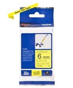 Nhãn in Brother Siêu Dẻo TZe-FX611 | 6mm x 8m | Chữ Đen trên nền Vàng
