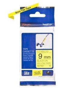 Nhãn in Brother Siêu Dẻo TZe-FX621 | 9mm x 8m | Chữ Đen trên nền Vàng