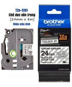 Nhãn in Brother Siêu Dính TZe-S151 | 24mm x 8m | Chữ Đen trên nền Trong