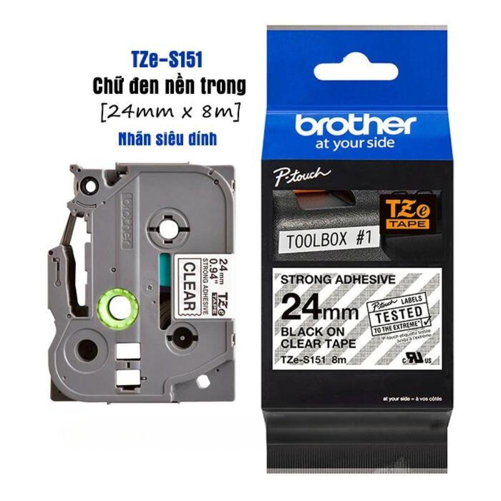 Nhãn in Brother Siêu Dính TZe-S151 | 24mm x 8m | Chữ Đen trên nền Trong 2 Nhãn in Brother TZe-S151 24mm x 8m chữ đen nền trong suốt — cassette chính hãng