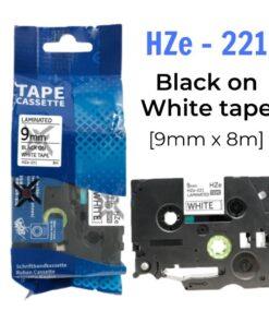 Nhãn in HZe-221 | 9mm x 8m | Chữ Đen trên nền Trắng