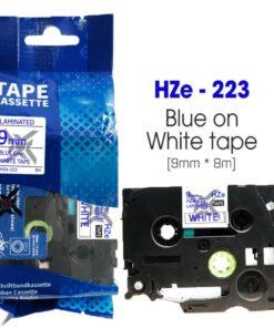 Nhãn in HZe-223 | 9mm x 8m | Chữ Xanh trên nền Trắng