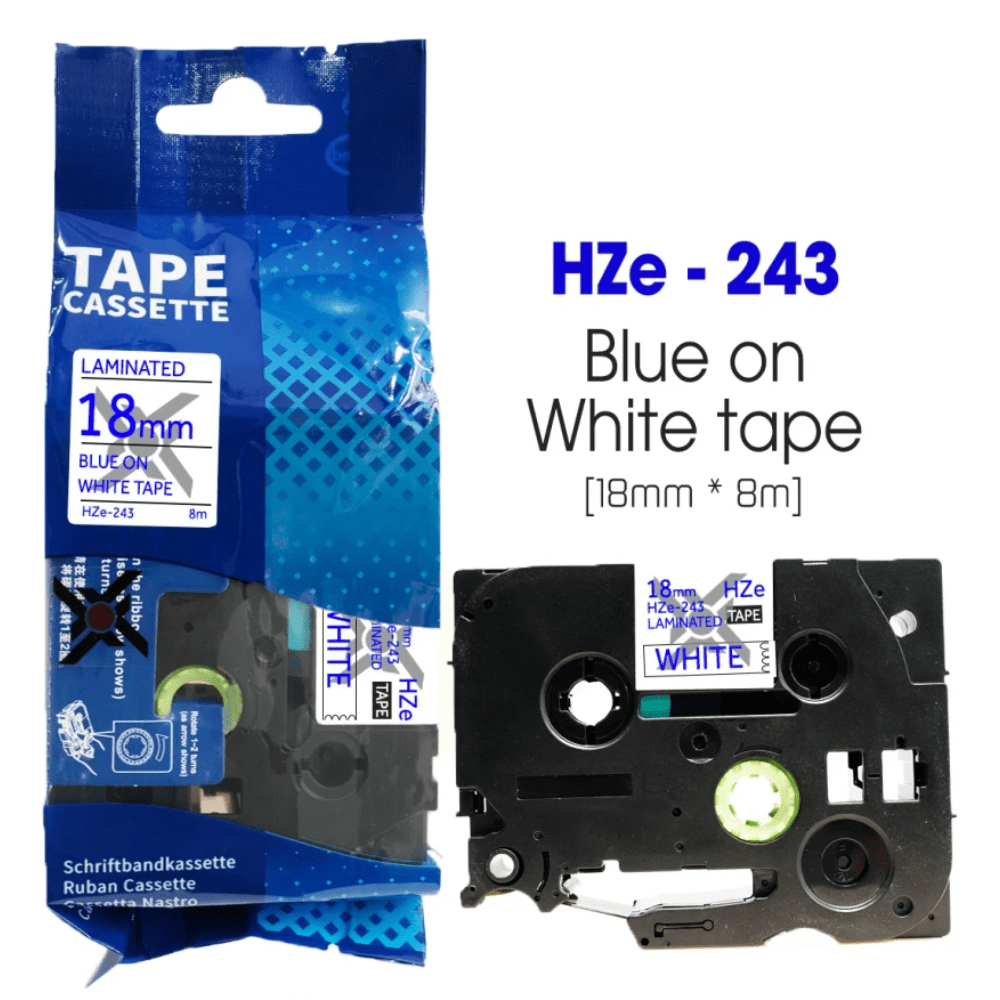 Nhãn in HZe-243 | 18mm x 8m | Chữ Xanh trên nền Trắng 1 Nhãn in HZe-243 | 18mm x 8m | Chữ Xanh trên nền Trắng