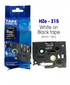 Nhãn in HZe-315 | 6mm x 8m | Chữ Trắng trên nền Đen