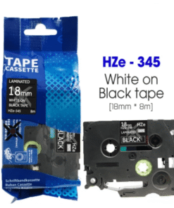 Nhãn in HZe-345 | 18mm x 8m | Chữ Trắng trên nền Đen