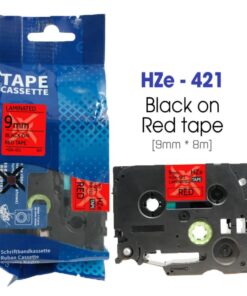 Nhãn in HZe-421 | 9mm x 8m | Chữ Đen trên nền Đỏ