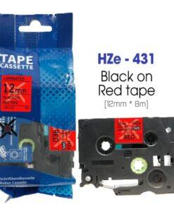 Nhãn in HZe-431 | 12mm x 8m | Chữ Đen trên nền Đỏ