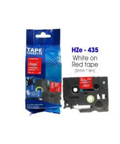 Nhãn in HZe-435 | 12mm x 8m | Chữ Trắng trên nền Đỏ