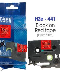 Nhãn in HZe-441 | 18mm x 8m | Chữ Đen trên nền Đỏ