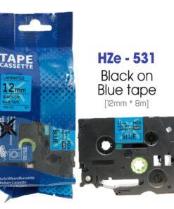 Nhãn in HZe-531 | 12mm x 8m | Chữ Đen trên nền Xanh dương