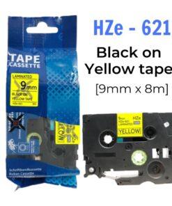 Nhãn in HZe-621 | 9mm x 8m | Chữ Đen trên nền Vàng