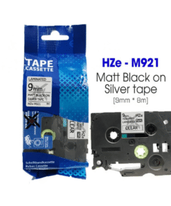 Nhãn in HZe-M921 | 9mm x 8m | Chữ Đen trên nền Bạc