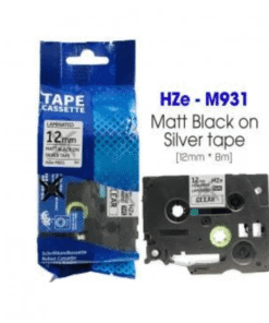 Nhãn in HZe-M931 | 12mm x 8m | Chữ Đen trên nền Bạc