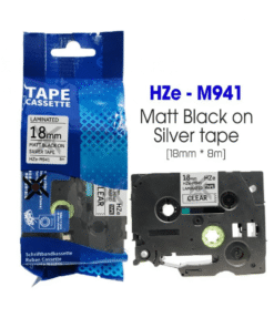 Nhãn in HZe-M941 | 18mm x 8m | Chữ Đen trên nền Bạc