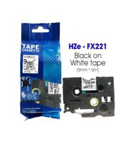 Nhãn in Siêu Dẻo HZe-FX221 | 9mm x 8m | Chữ Đen trên nền Trắng