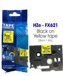 Nhãn in Siêu Dẻo HZe-FX621 | 9mm x 8m | Chữ Đen trên nền Vàng