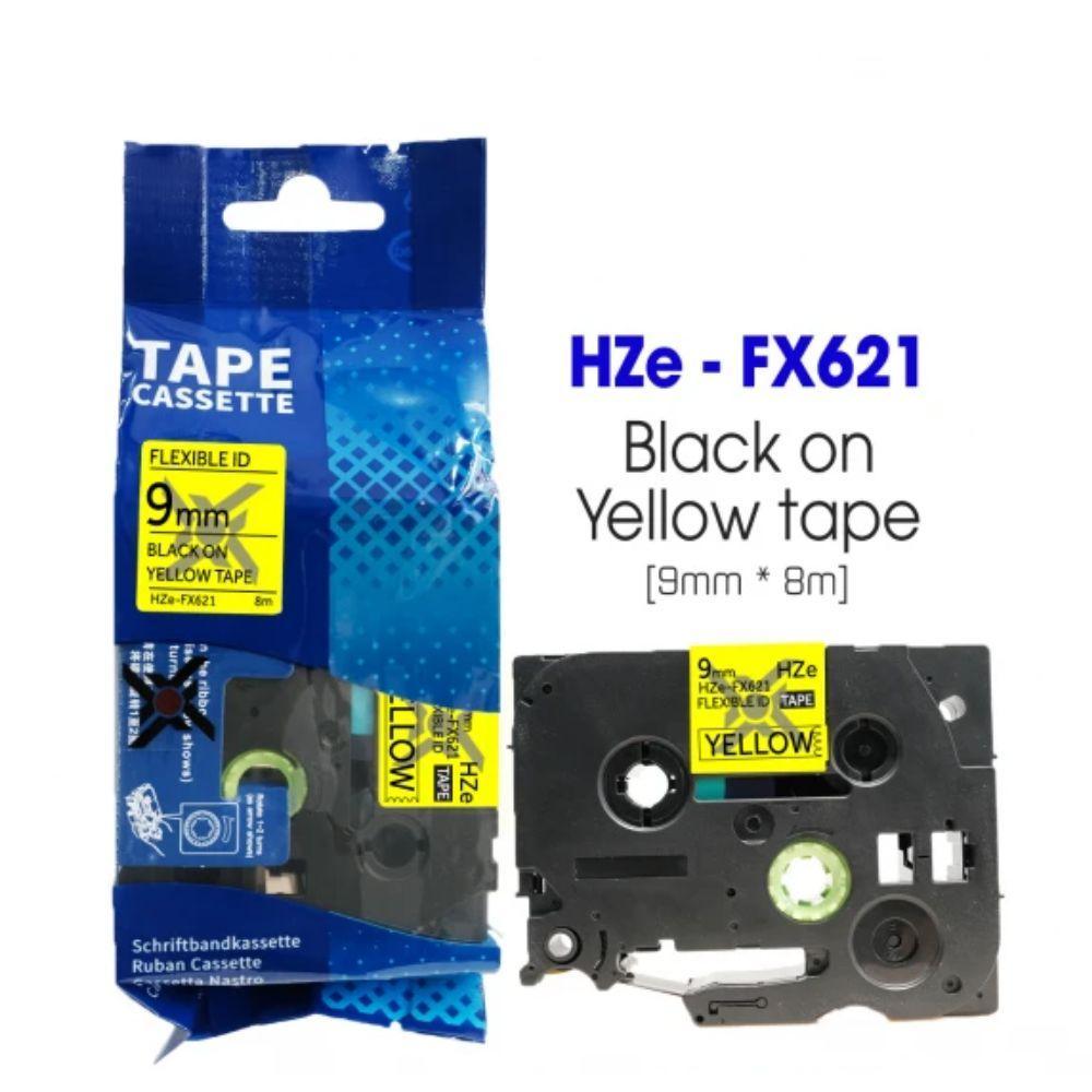 Nhãn in Siêu Dẻo HZe-FX621 | 9mm x 8m | Chữ Đen trên nền Vàng 1 Nhãn in Siêu Dẻo HZe-FX621 | 9mm x 8m | Chữ Đen trên nền Vàng