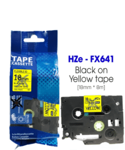 Nhãn in Siêu Dẻo HZe-FX641 | 18mm x 8m | Chữ Đen trên nền Vàng