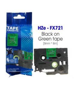 Nhãn in Siêu Dẻo HZe-FX721 | 9mm x 8m | Chữ Đen trên nền Xanh lá