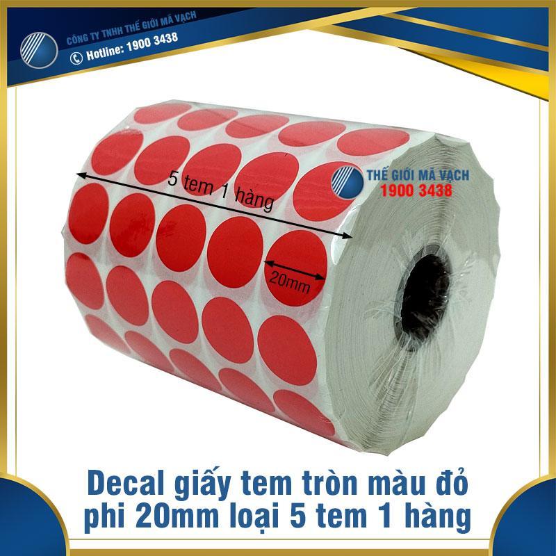 Decal giấy tem tròn phi 20mm màu đỏ loại 5 tem 1 hàng 1 Decal giấy tem tròn phi 20mm màu đỏ loại 5 tem 1 hàng