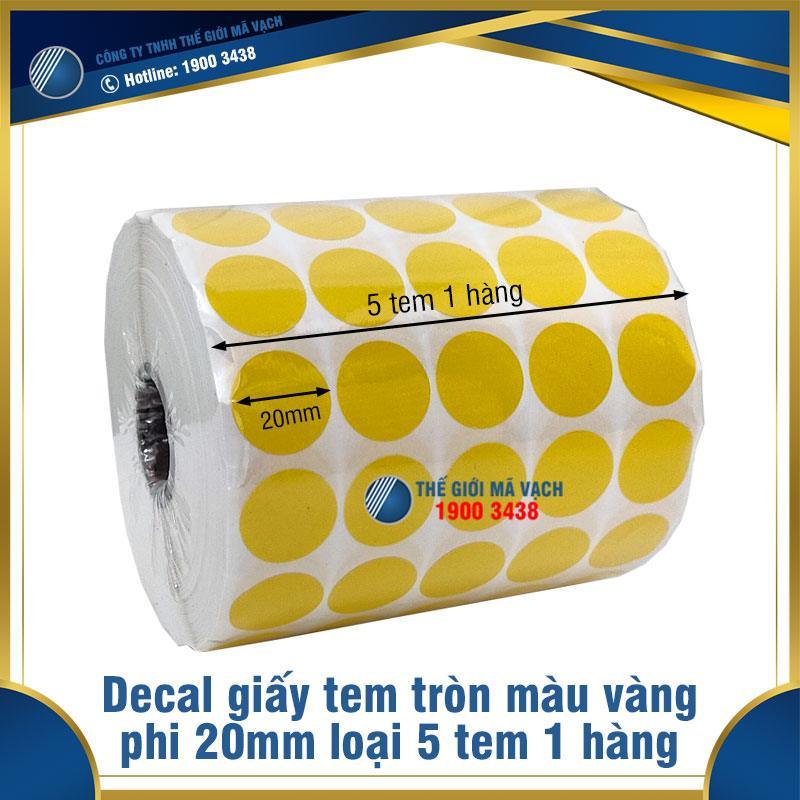 Decal giấy tem tròn phi 20mm màu vàng loại 5 tem 1 hàng 1 Decal giấy tem tròn phi 20mm màu vàng loại 5 tem 1 hàng