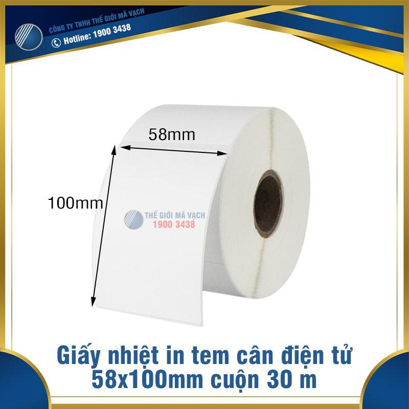 Giấy in nhiệt tem cân điện tử 58x100mm cuộn 30m 1 Giấy in nhiệt tem cân điện tử 58x100mm cuộn 30m