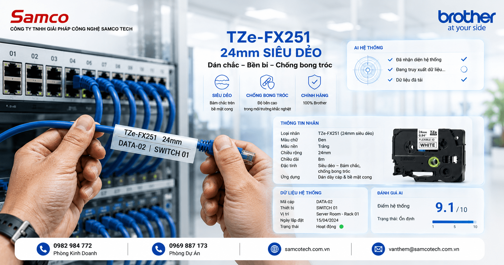 Nhãn in Brother Siêu Dẻo TZe-FX251 | 24mm x 8m | Chữ Đen trên nền Trắng 10 Nhan in Brother Sieu Deo TZe FX251